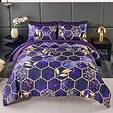 ANGIYUIN 7Pcs Mable Bed in A Bag Purple Gold Queen Comforter Set, 3D Geometric Honeycomb Theme Decor Yellow Leaf Bedding Set, Modern Foil Print Bed Sets with Comforter and Sheets (Purple Queen)