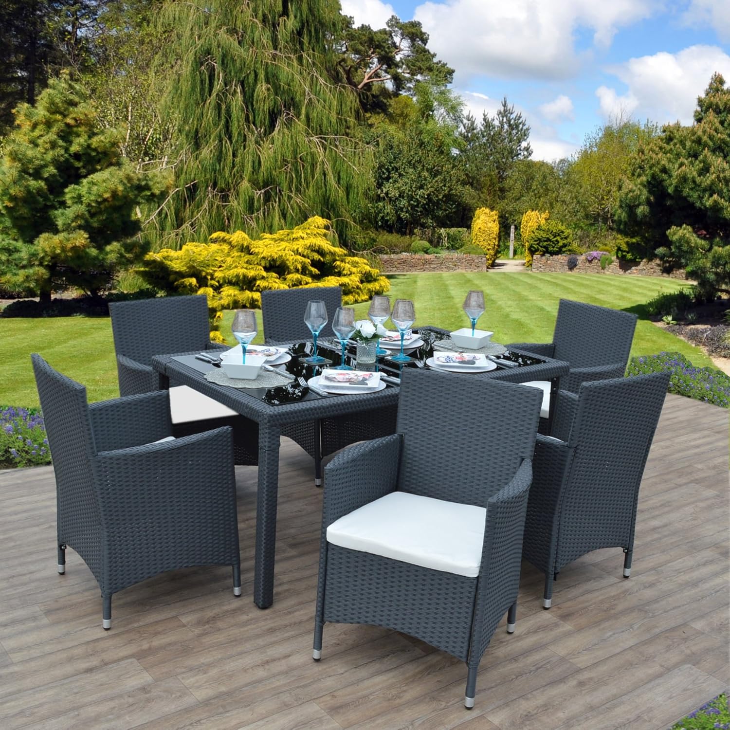 Rectangle Rattan Dining Table with 6 Chair Furniture Set, Indoor and