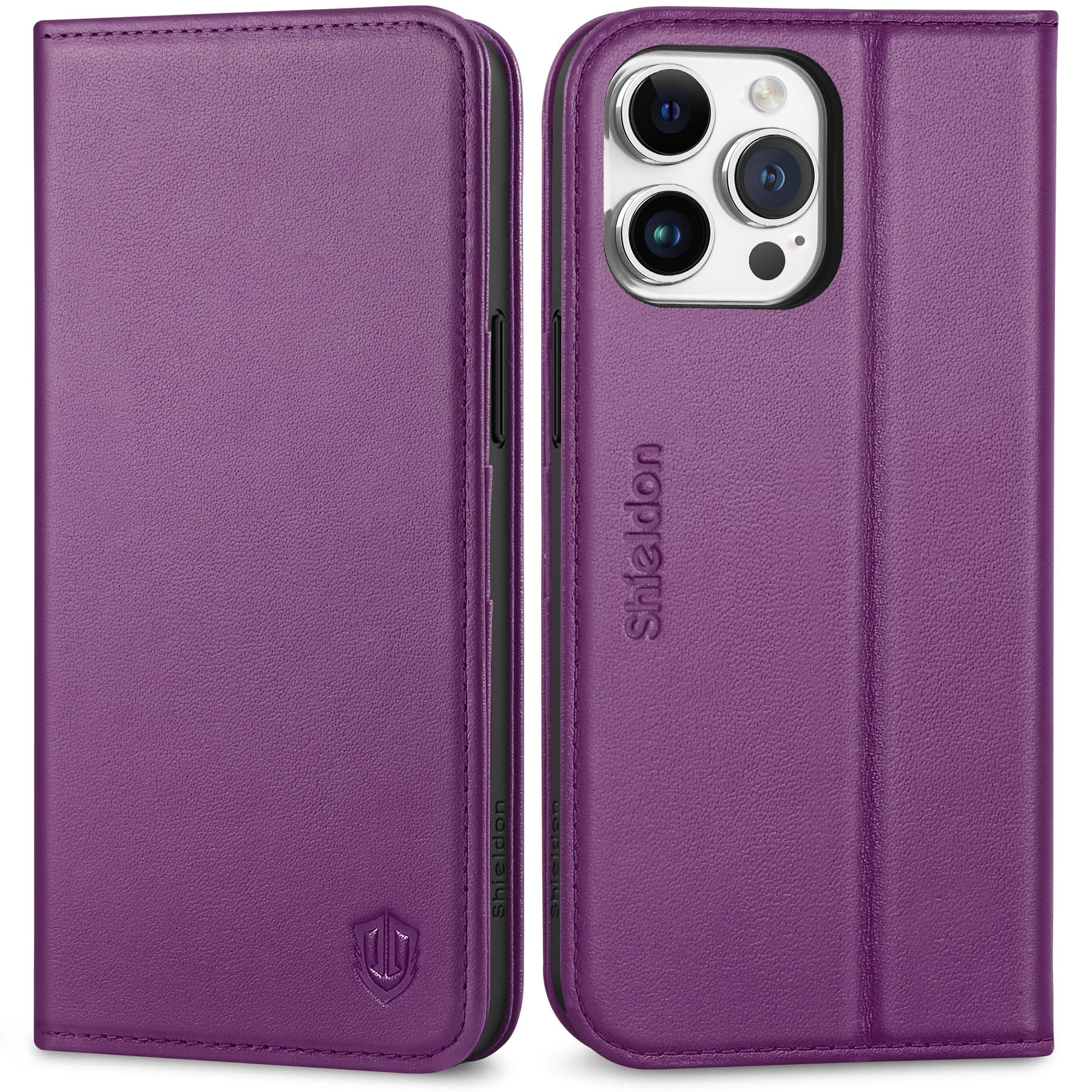 SHIELDON Wallet Case for iPhone 15 Pro Max, Genuine Leather Flip with [RFID Blocking][Kickstand] Magnetic Shockproof Folio Case with Card Holder Compatible with iPhone 15 Pro Max - Purple — image 1