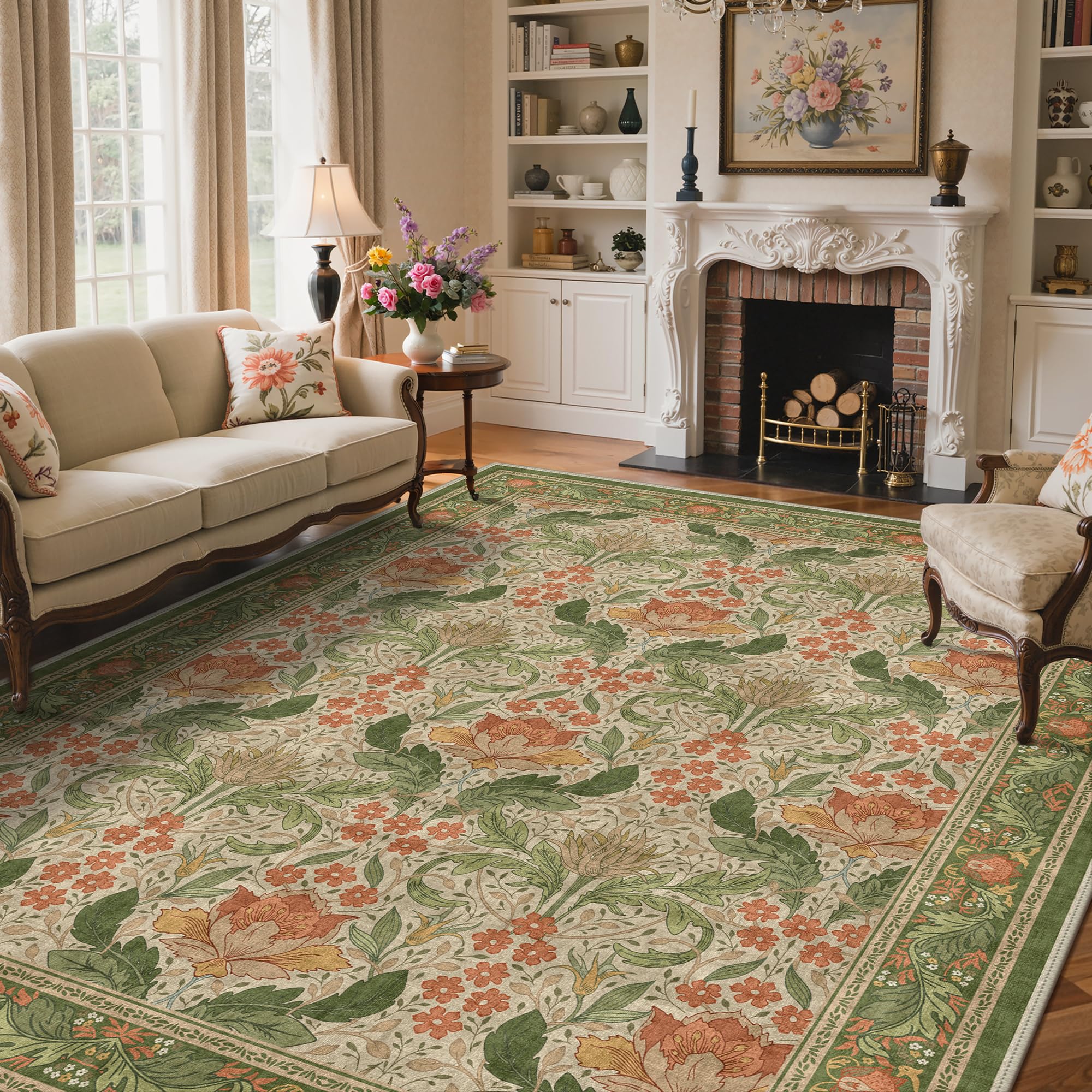 Photo 1 of **MAJOR DAMAGE**
Bavni 9x12 Area Rugs, Floral Machine Washable Rugs for Living Room, Dinning Room, Bedroom, Non Slip Aesthetic Vintage Low Pile Durable Lightweight Farmhouse Rug, Sage Green & Burnt Orange