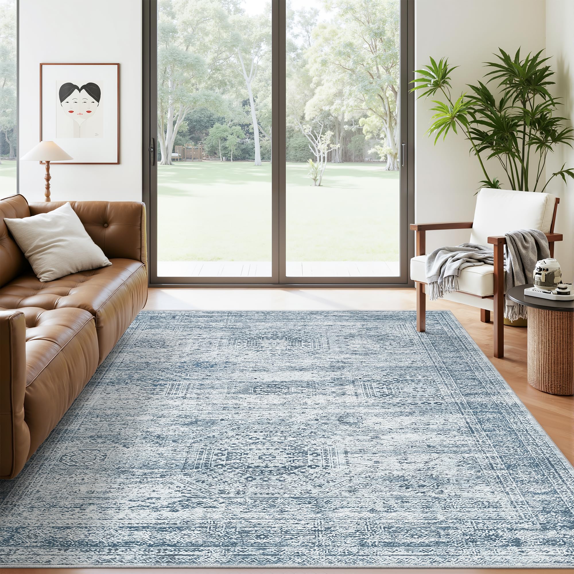 Soalmost 5x7 Area Rugs Blue Low Pile Indoor Washable Trendy Faded Style Rugs for Bedroom Living Room Dining Room Foldable Non-Slip Thin Print Mat Image