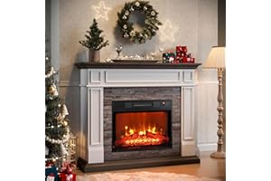 Naice 44" Electric Fireplace Mantel, Farmhouse TV Stand with Electric Fireplace Heater, Stacked Stone Surround and Remote Control 3D Realistic Flame, White Fireplace for Living Room Bedroom