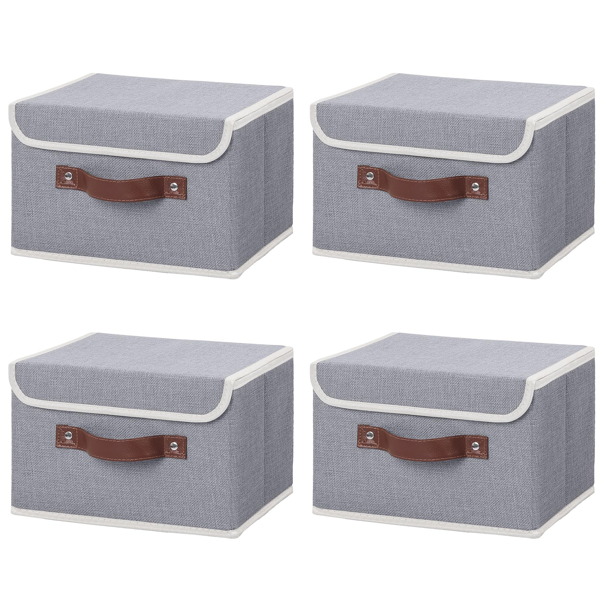 ANMINY 4PCS Storage Bins with Lid PU Leather Handles Storage Boxes PP Plastic Board Decorative Foldable Lidded Cotton Linen Fabric Home Cubes Baskets Closet Organizer Containers - Gray, Small Size Image