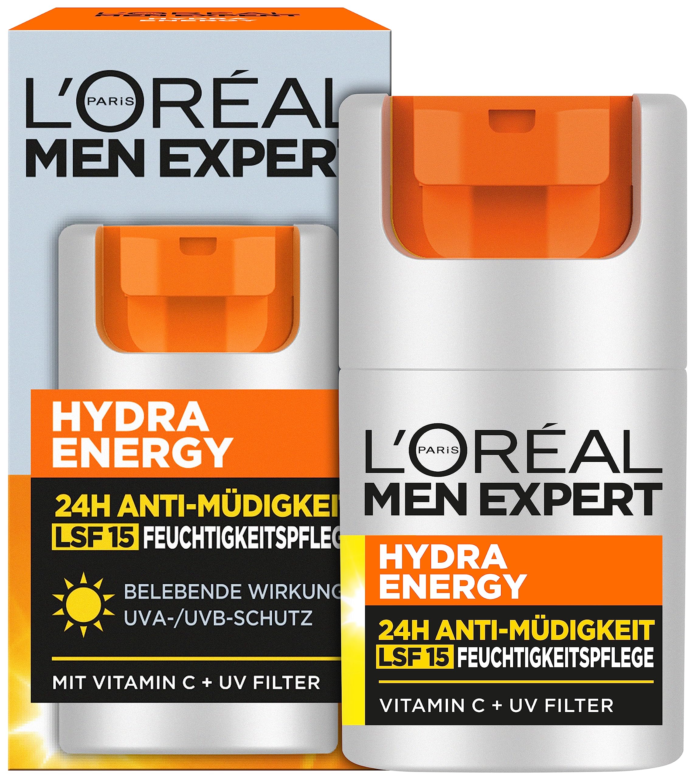 L'Oréal Paris Men Expert Invigorating Face Cream with SPF 15, 24H Anti-Fatigue Moisturiser, Vitamin C & Proteins, Hydra Energy, 50 ml