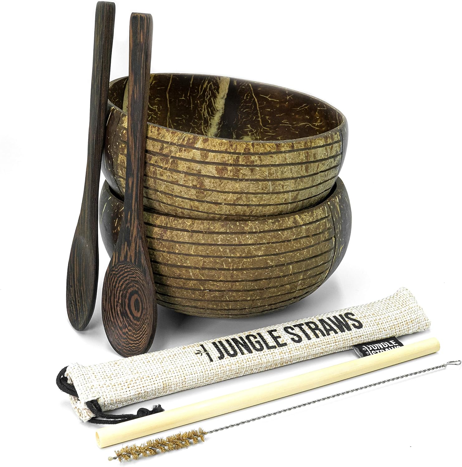 Jungle Culture® Set of 2 Coconut Bowls & Spoons • Organic Wooden Bowls Polished with Coconut Oil