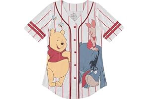 Disney Ladies Pooh Baseball Jersey - Vintage Winnie The Pooh Mesh Button Down Baseball Jersey - Winnie, Eeyore, Piglet Jersey