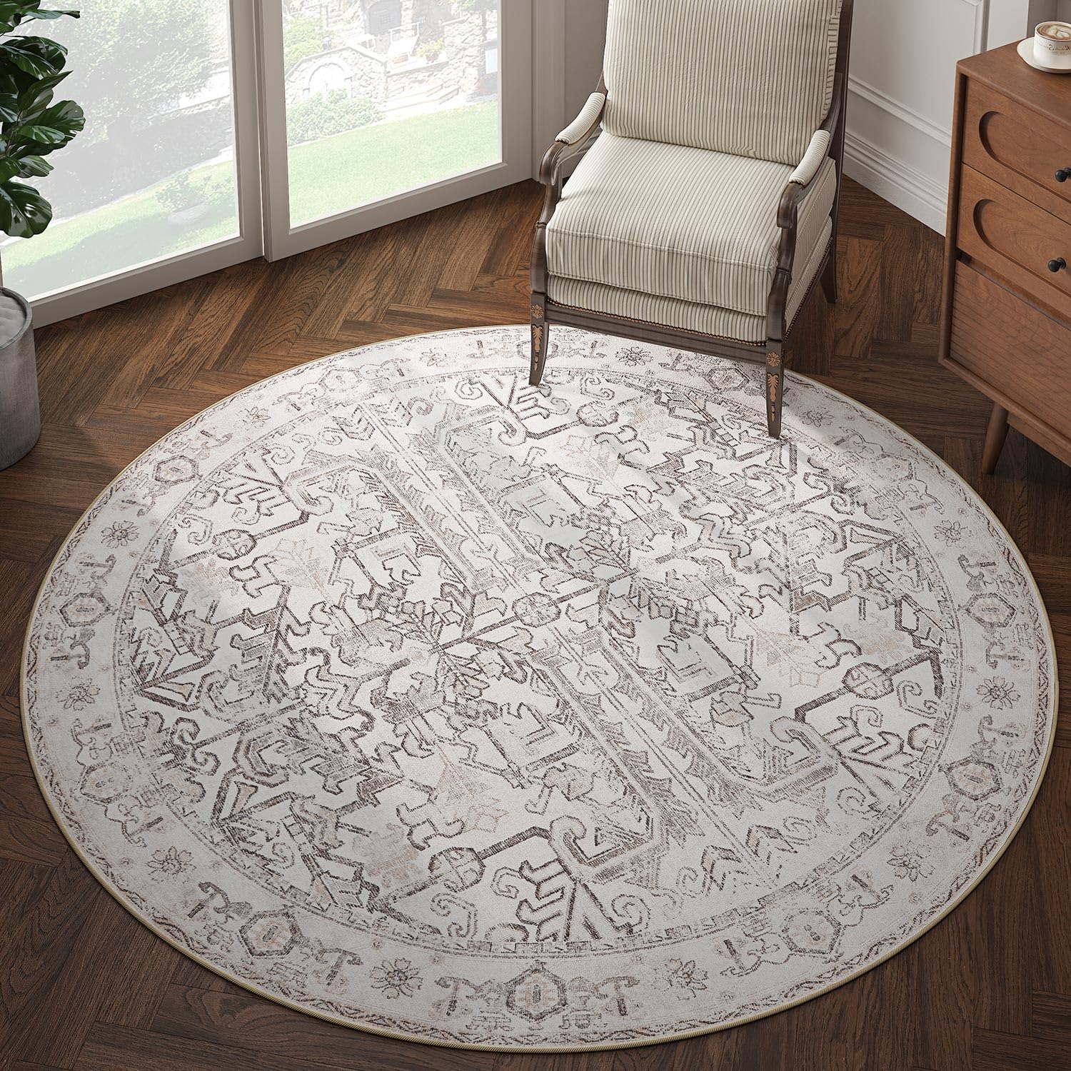 Photo 1 of jinchan Round Rug 6ft Vintage Machine Washable Area Rug Kitchen Indoor Circle 6' Ultra-Thin Non-Slip Floral Print Carpet for Farmhouse Entryway Dining Room Living Room Bedroom Office (6'Round,Taupe)