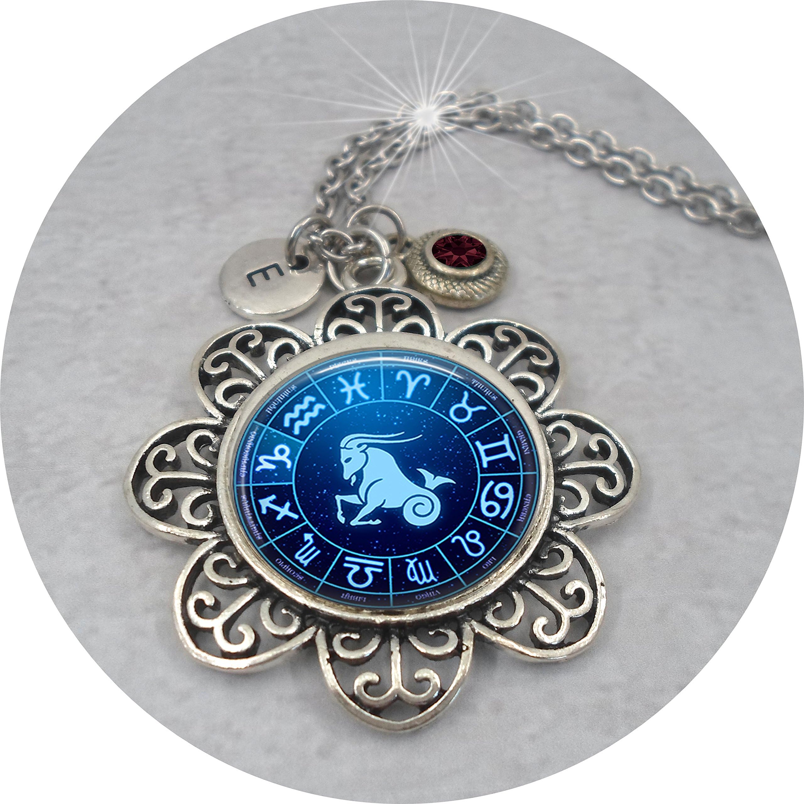 grOOvy empOriumCapricorn Zodiac Necklace w-January Garnet Swarovski Birthstone Crystal & Letter Charm, January Birthday