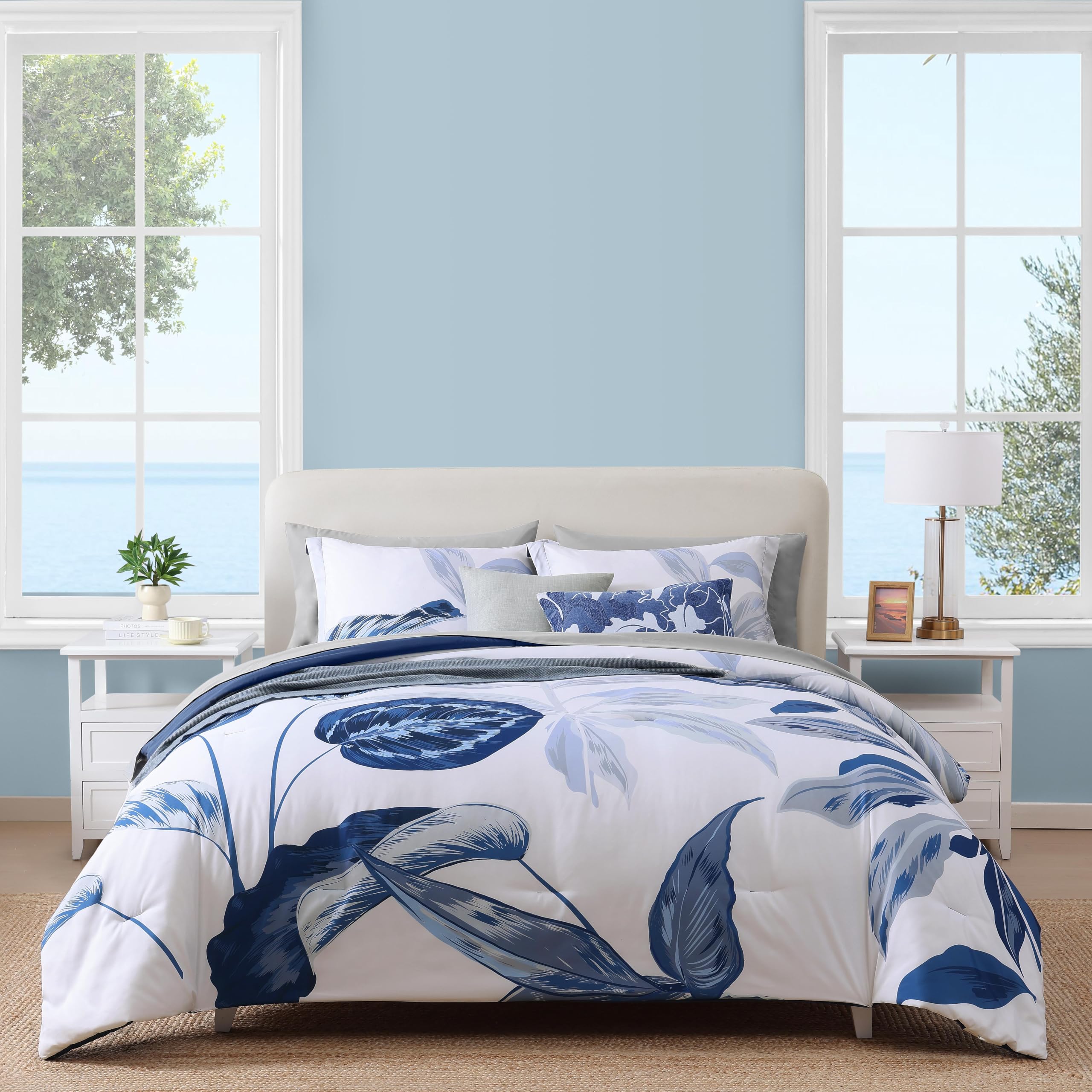 Photo 1 of WRENSONGE King Size Comforter Set, 7 Pieces 7 Pieces Blue Tropical Leaves Soft Bedding Sets, Coastal Bed in a Bag, Botanical Printed Comforter with Sheets for All Season