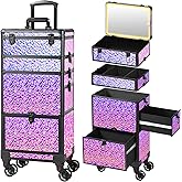 GALHUBIS Rolling Makeup Case with Lighted Mirror, Makeup Train Case with Large Drawer, Cosmetology Case, Travel Makeup Organizers, Professional for Salon Barber, Nail, Tattoo, Multicolor Purple