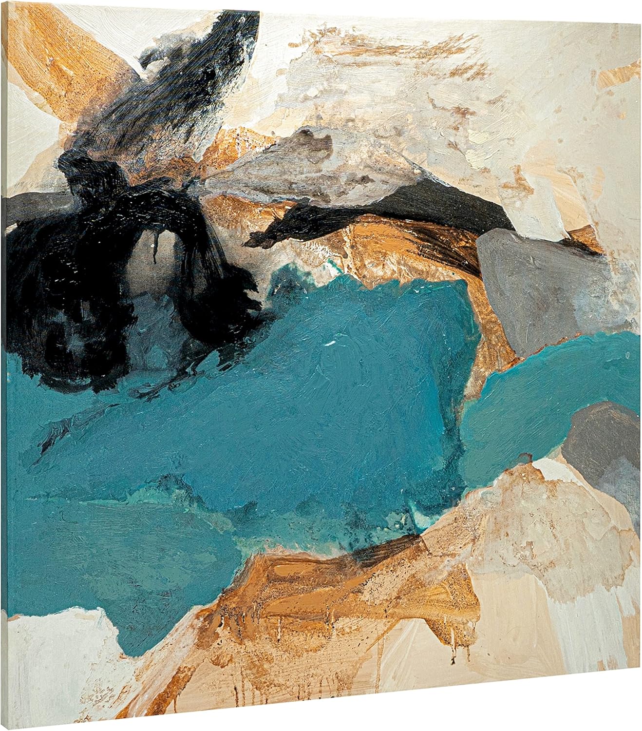 Paintings - ArtbyHannah 32x32 inch Abstract Oil Paintings on Canvas, Hand Painted Textured Blue, Gold and Black Abstract Artwork for Wall Art Decor