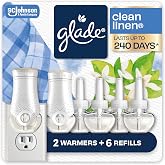 Glade PlugIns Air Freshener Starter Kit, Scented and Essential Oils for Home and Bathroom, Clean Linen, 4.02 Fl Oz, 2 Warmers and 6 Refills
