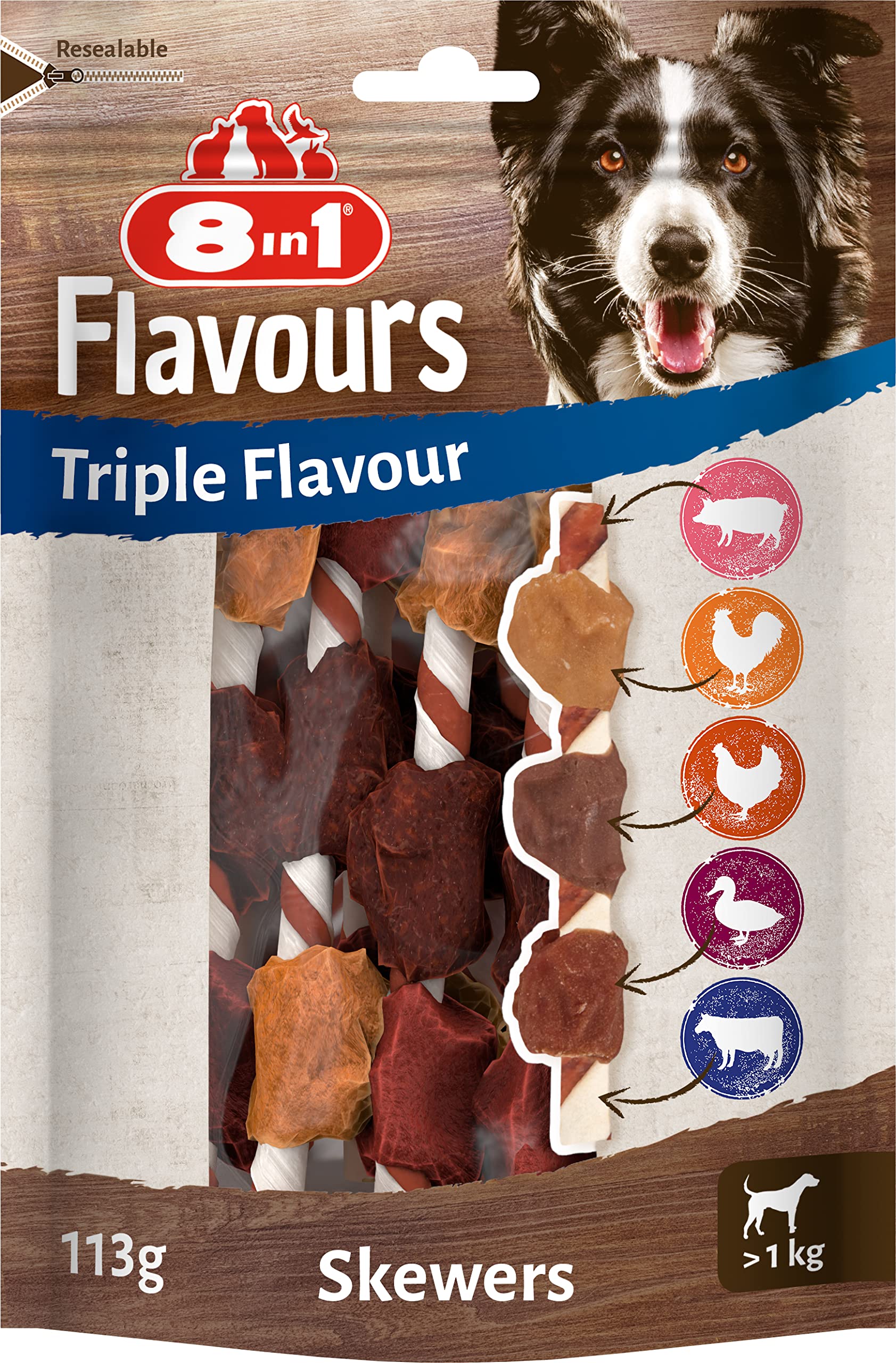 8in1 Triple Flavour Skewers chew sticks for dogs - extra-meaty chew snacks, 113g bag (approx. 6 pieces)