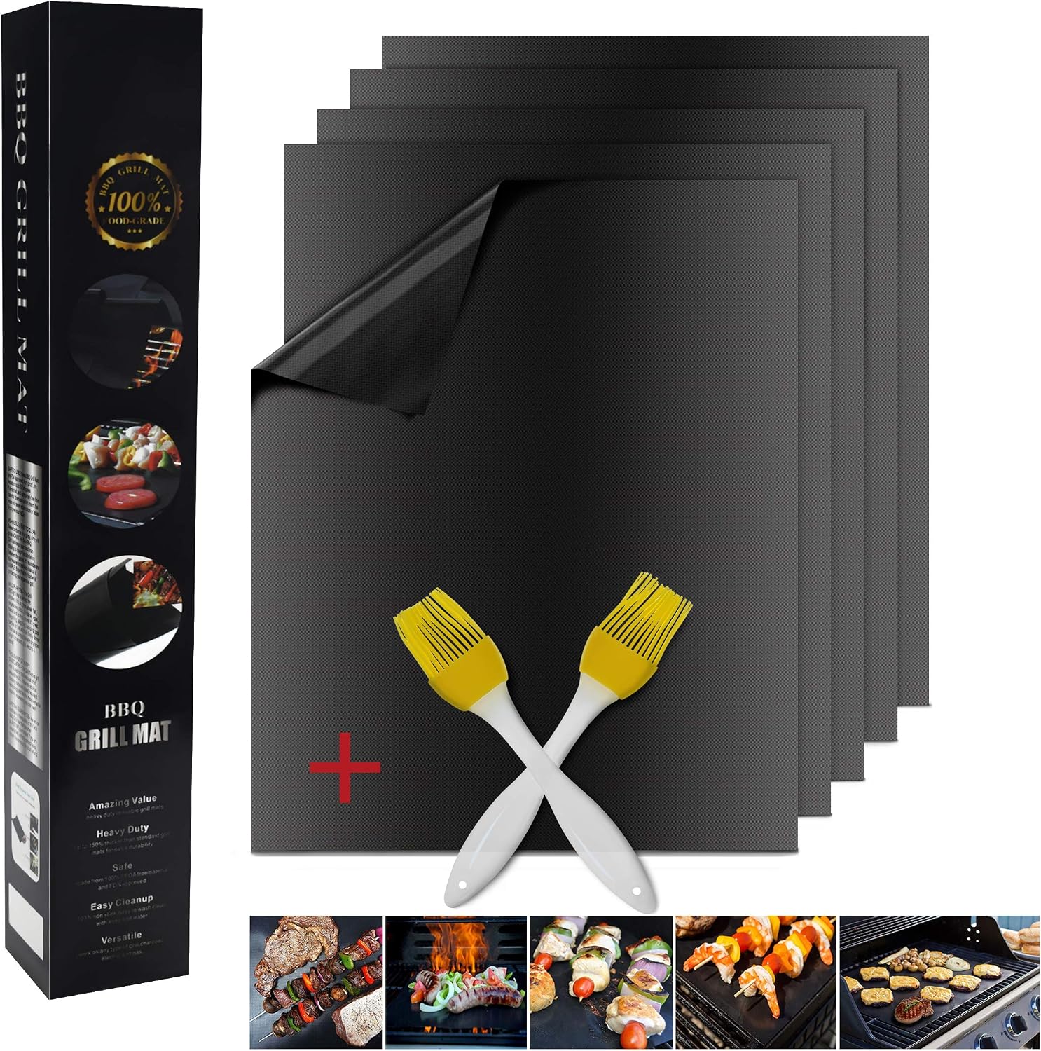 AI Orange BBQ Grill Mat set of 5+2 Grill Brush Heavy Duty 600 Degree 100% Non-Stick BBQ Grill and Baking Mats
