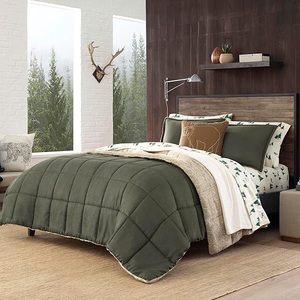 EDDIE BAUER – KING COMFORTER SET, MICROSUEDE BEDDING WITH SOFT SHERPA REVERSE, 3 PIECE BED SET WITH MATCHING PILLOWCASES (SHERWOOD GREEN)