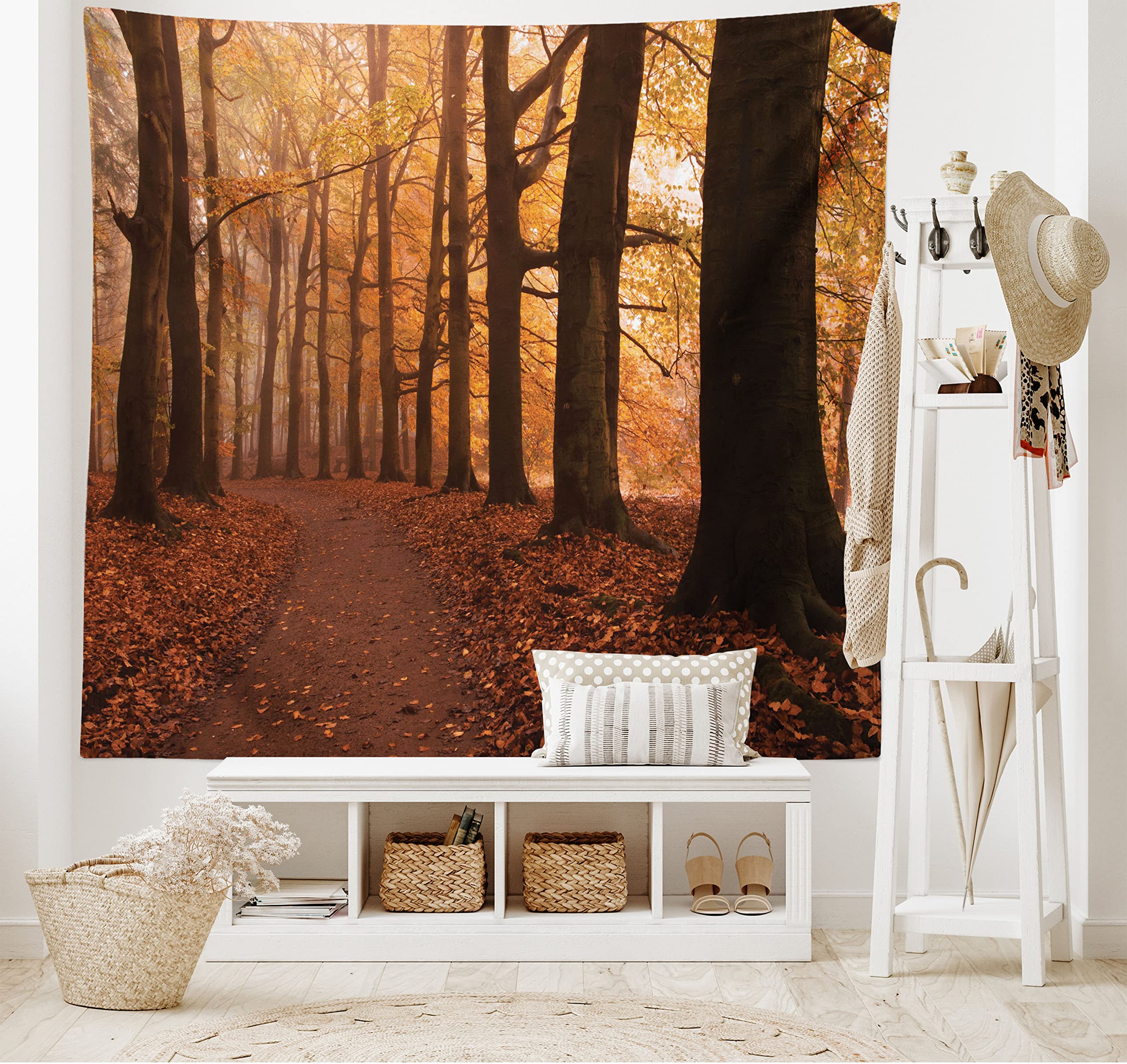 ABAKUHAUS Tree Tapestry, Fall Season Hiking Walkway in the Enchanted Forest Autumn Colors, Fabric Wall Hanging Decor for Bedroom Living Room Dorm, 90 W X 54 L, Dark Orange Dark Brown