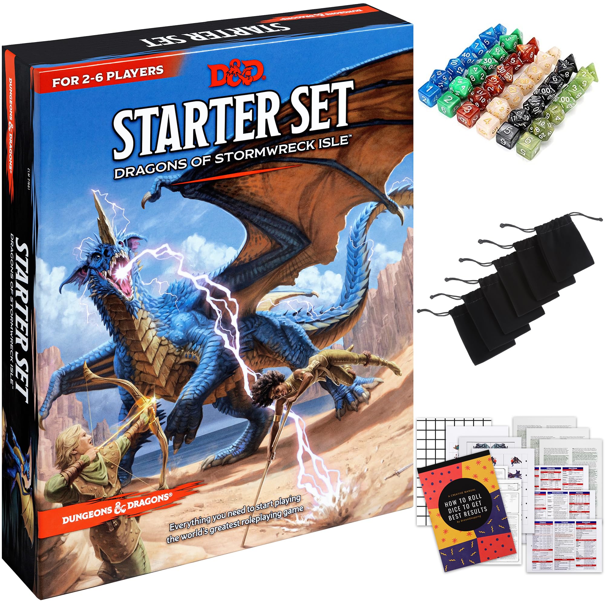 Photo 1 of Dungeons and Dragons Starter Set - 6th Edition, Dragons of Stormwreck Isle Bundled with 6 Dice Sets, Flannel Bags, Master Screen, Heroes, Miniatures, Printable Materials - DnD Starter kit