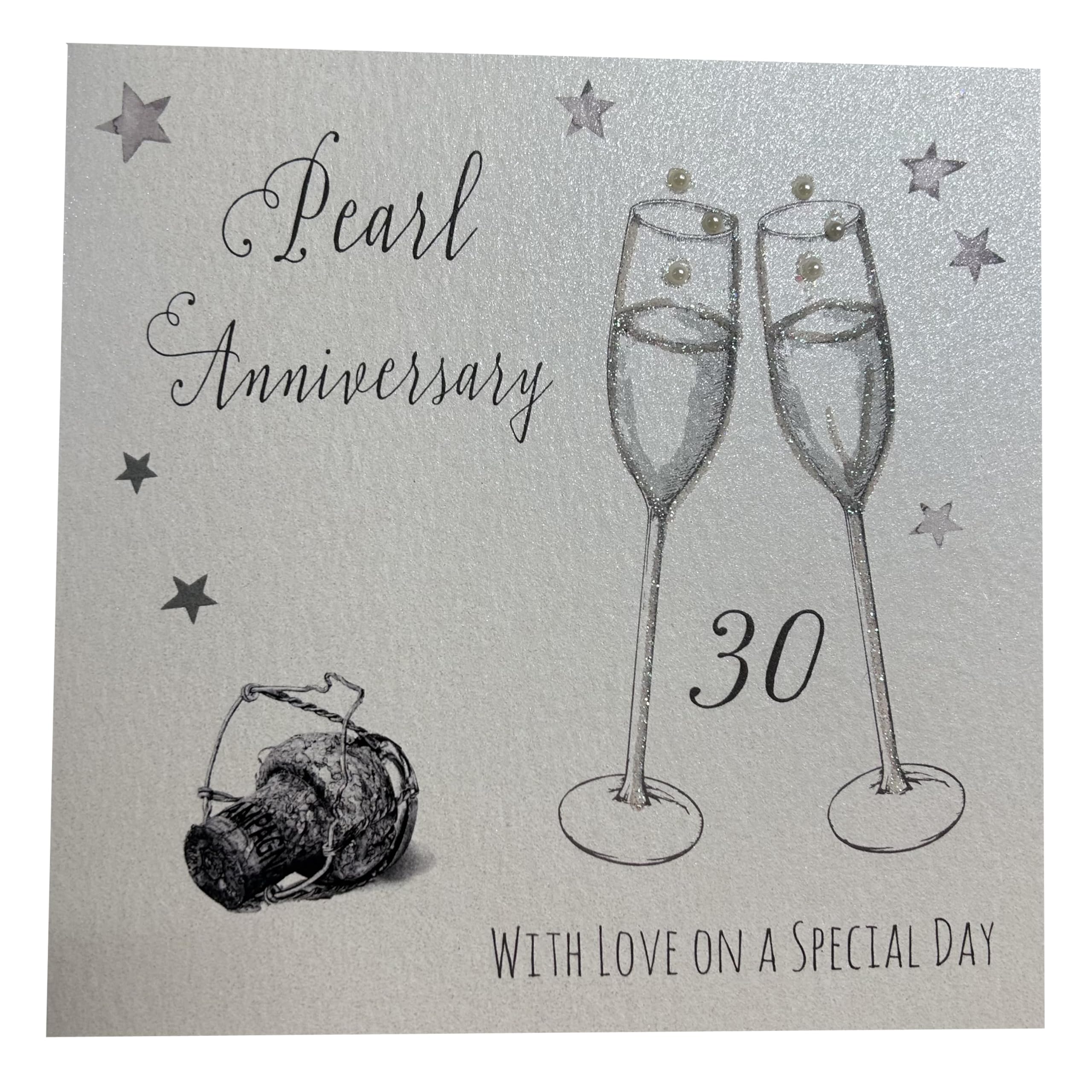 white cotton cards Champagne Glasses Pearl Handmade 30th Anniversary Card, White, WA30, 16cm x 16cm