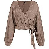 ZAFUL Women's V Neck Sweater Lantern Long Sleeve Pullover Cable Knit Cross Crop Top Casual Tie Wrap Tunic Jumper Blouses
