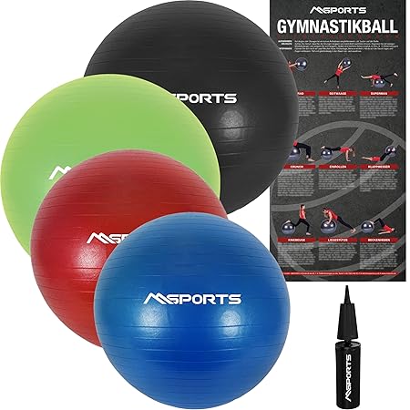 MSPORTS Gymnastikball Premium Anti Burst inkl. Pumpe 55 cm - 105 cm Sitzball - Fitnessball inkl. Übungsposter Medizinball
