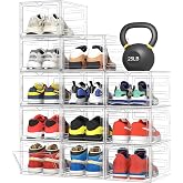 Pinkpum Upgraded Hard Shoe Storage Box 12 Pack XL Clear Shoe Organizer | Stackable, Thicken Sturdy, Fit Size 12, 7.4&rdquo; Height, Closet, Sneaker Storage Display Case Holder Bins, Magnetic Door Clear