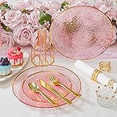 ISFANGCO 72Pcs Pink Plastic Plates, Pink Disposable Plates With Gold Rim, Hammered Party Clear Plastic Plate Includes 36 10.25" Dinner and 36 7.5" Dessert Plates for Party Wedding