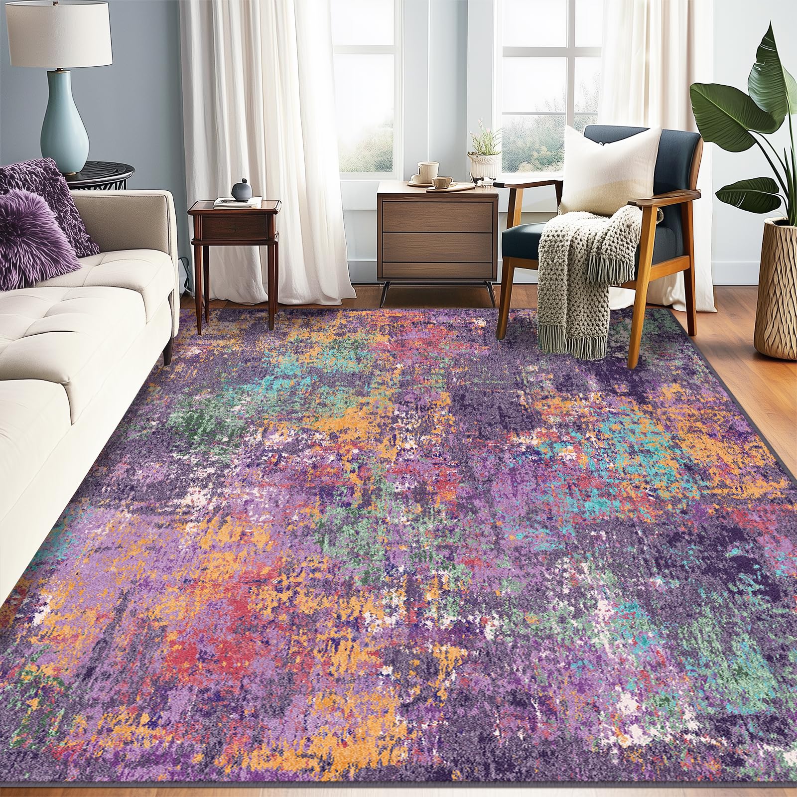 Photo 1 of RELEANY Washable Area Rugs 5'x7' Non-Slip Modern Abstract Soft for Living Room Entryway Bedroom Nursery, Print Pattern, Purple Orange Blue Green Rust Red Colorful