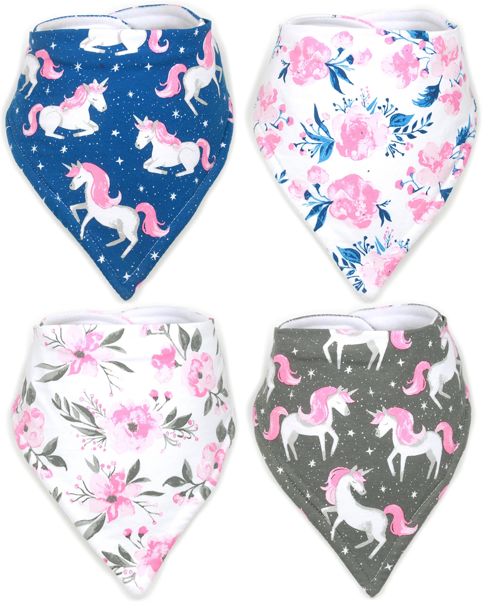 Stadela Baby Adjustable Bandana Drool Bibs for Drooling and Teething Nursery Burp Cloths 4 Pack Baby Shower Gift Set for Girls – Flowers and Unicorns Floral Themed with Stars Fantasy