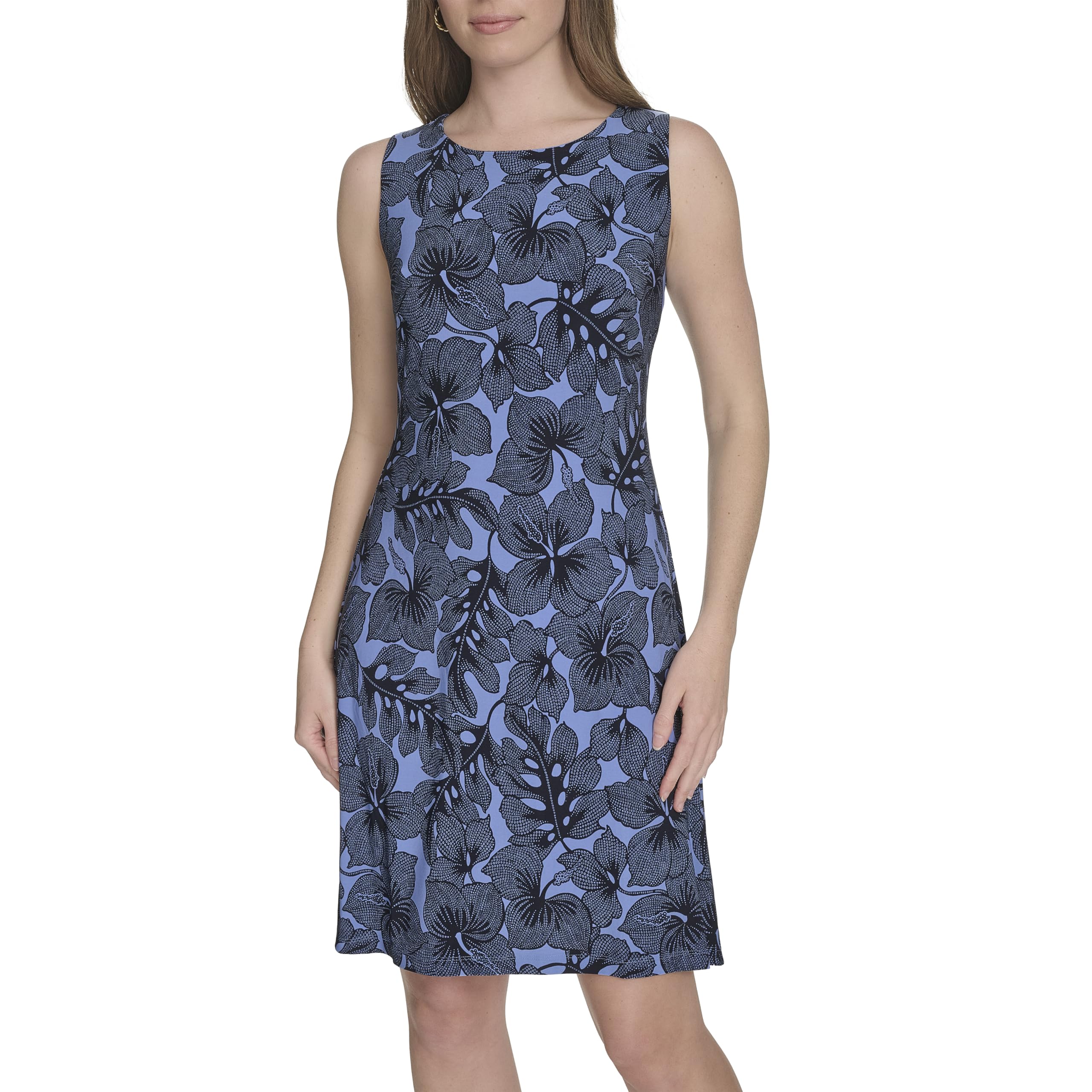 Tommy Hilfiger Women’s Sleeveless Crew Neck Floral Print Jersey Shift Dress, French Blue/Sky Captain, 12