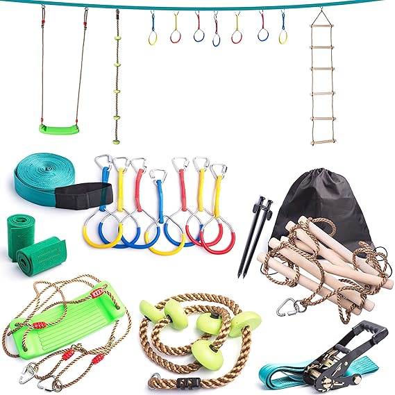 Mosscoff Ninja Line Hinterhof-Hindernis-Trainingskurs 15m- Das vollständigste und sicherste Hänge-Monkey Bars mit Leiter, Sei