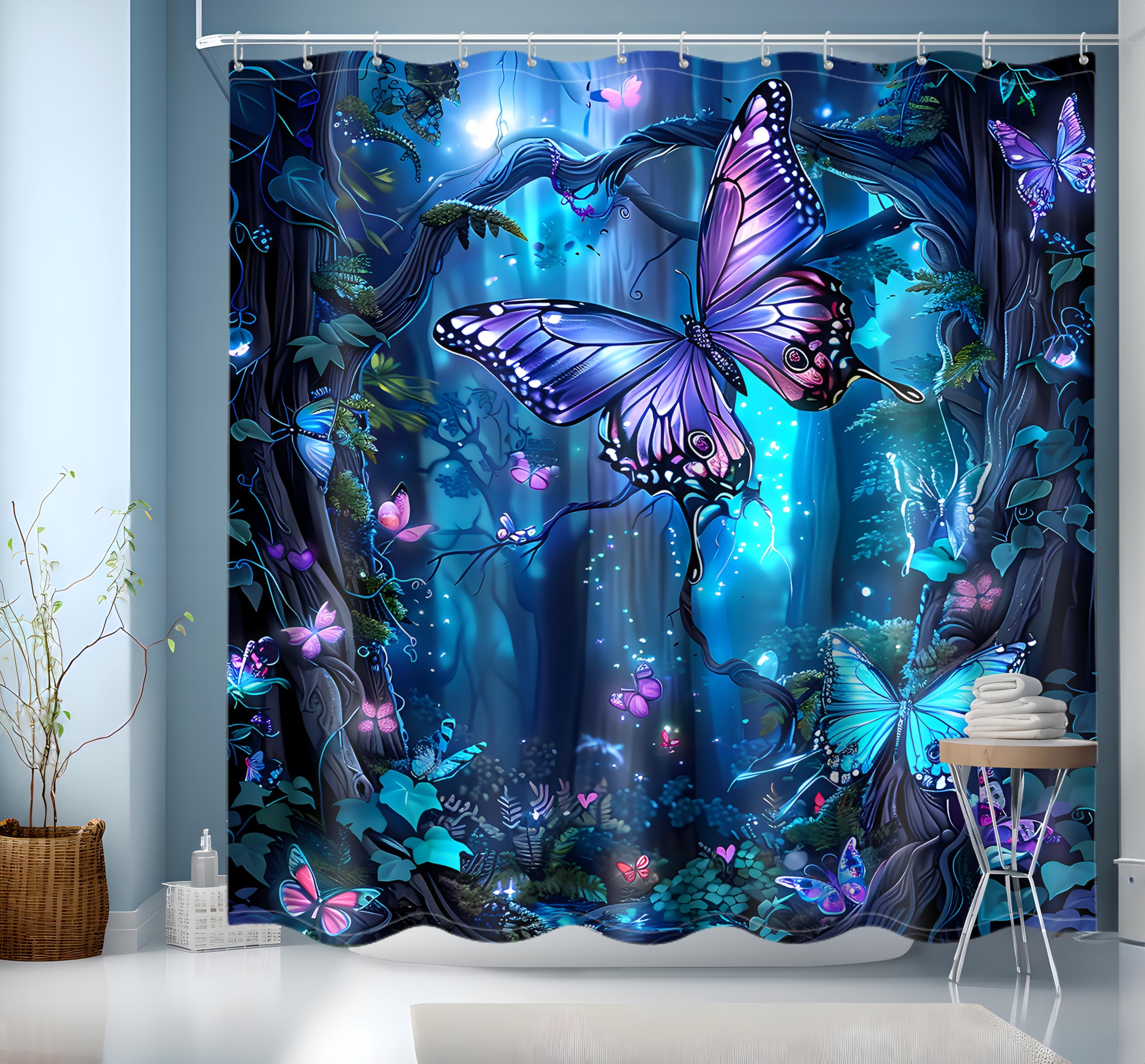JINGYOU Blue Shower Curtain,Bathroom Shower Curtain 200cm Drop,Weighted Shower Curtains for Bathroom,3D HD Butterfly Theme Bath Curtain with 12 Hooks- Shower Curtains 200 x 200cm Drop