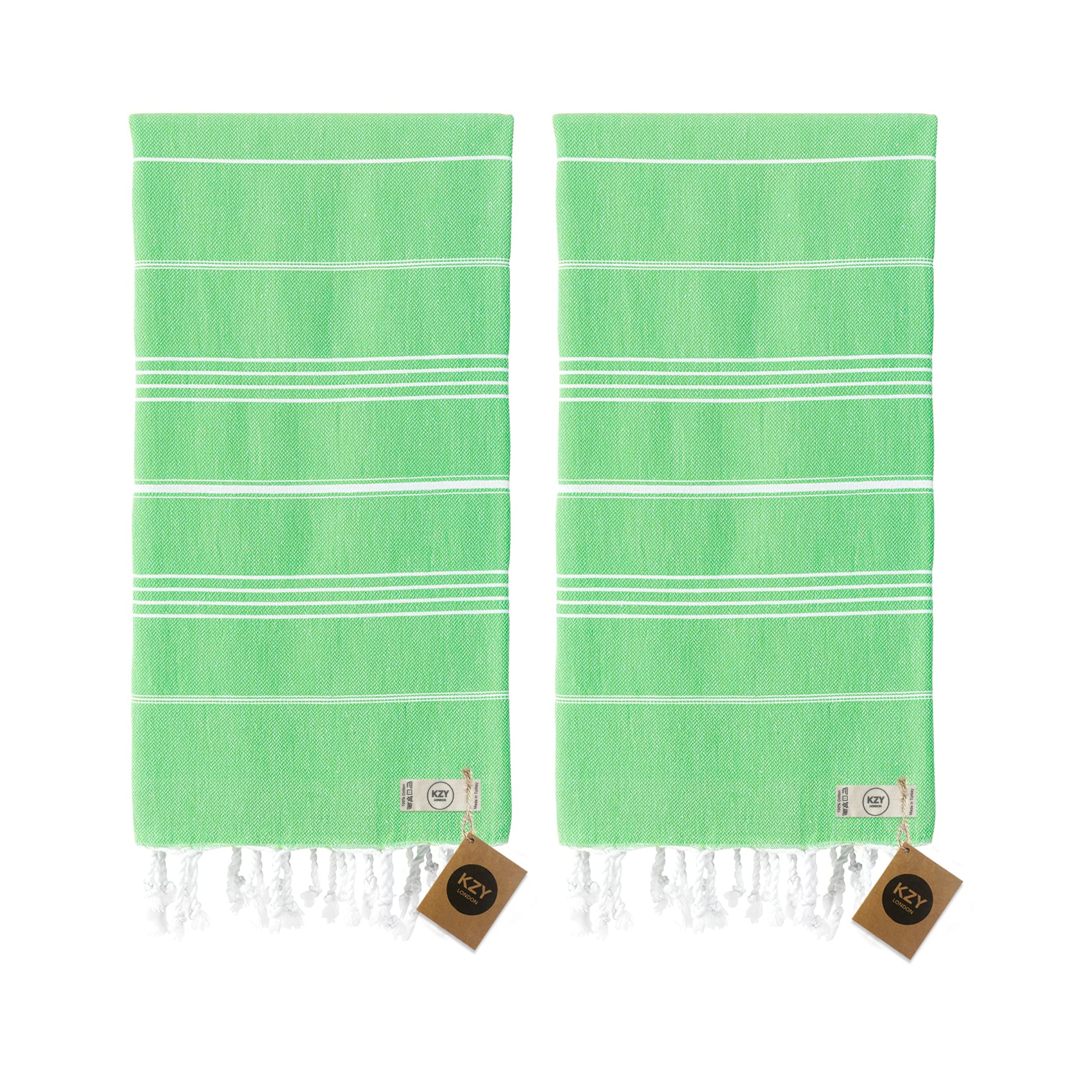 KZY LONDON Beach Towel 2 Pack Large Turkish Beach Towels for Camping, Swimming, Gym - Quick Dry, Absorbent, Lightweight, Cotton 90x180cm Hammam Towels for Adults (2 Set, Green)