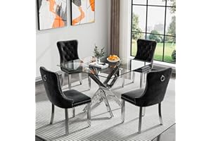 KUVADAZ 36" Modern Silver Glass Dining Room Table Set for 4, 5-Piece Square Kitchen Dining Table Set with Cross Metal Legs and 4 Black Velvet Upholstered Chairs, Glass Kitchen Table and Chairs Set