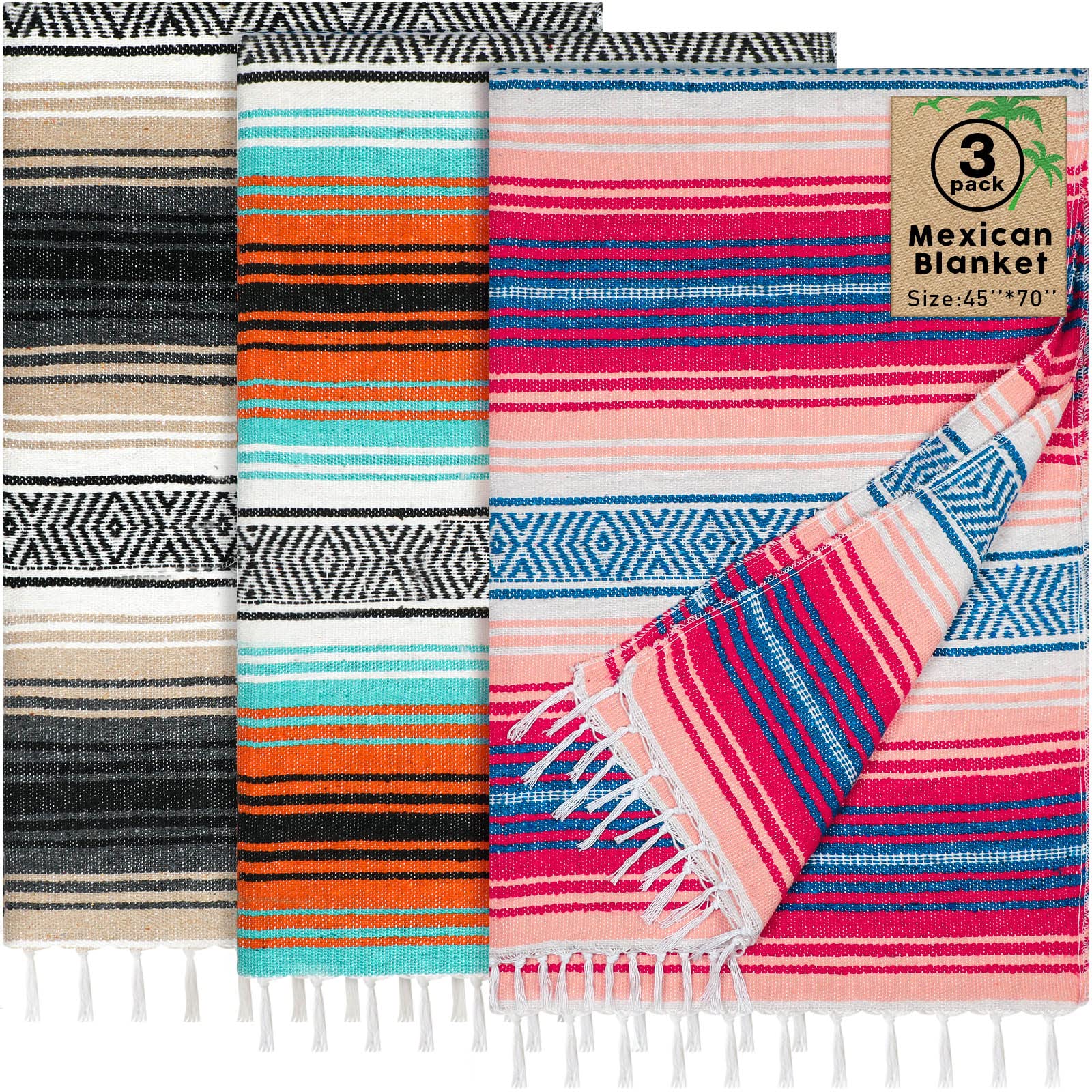 Photo 1 of Oudain 3 Pack Mexican Blankets and Throws 45 x 70 Inch, Cotton Outdoor Camping Cozy Baja Blanket Woven Serape Restorative Yoga Fiesta Fall Autumn Essential Supplies (Multi Colors)