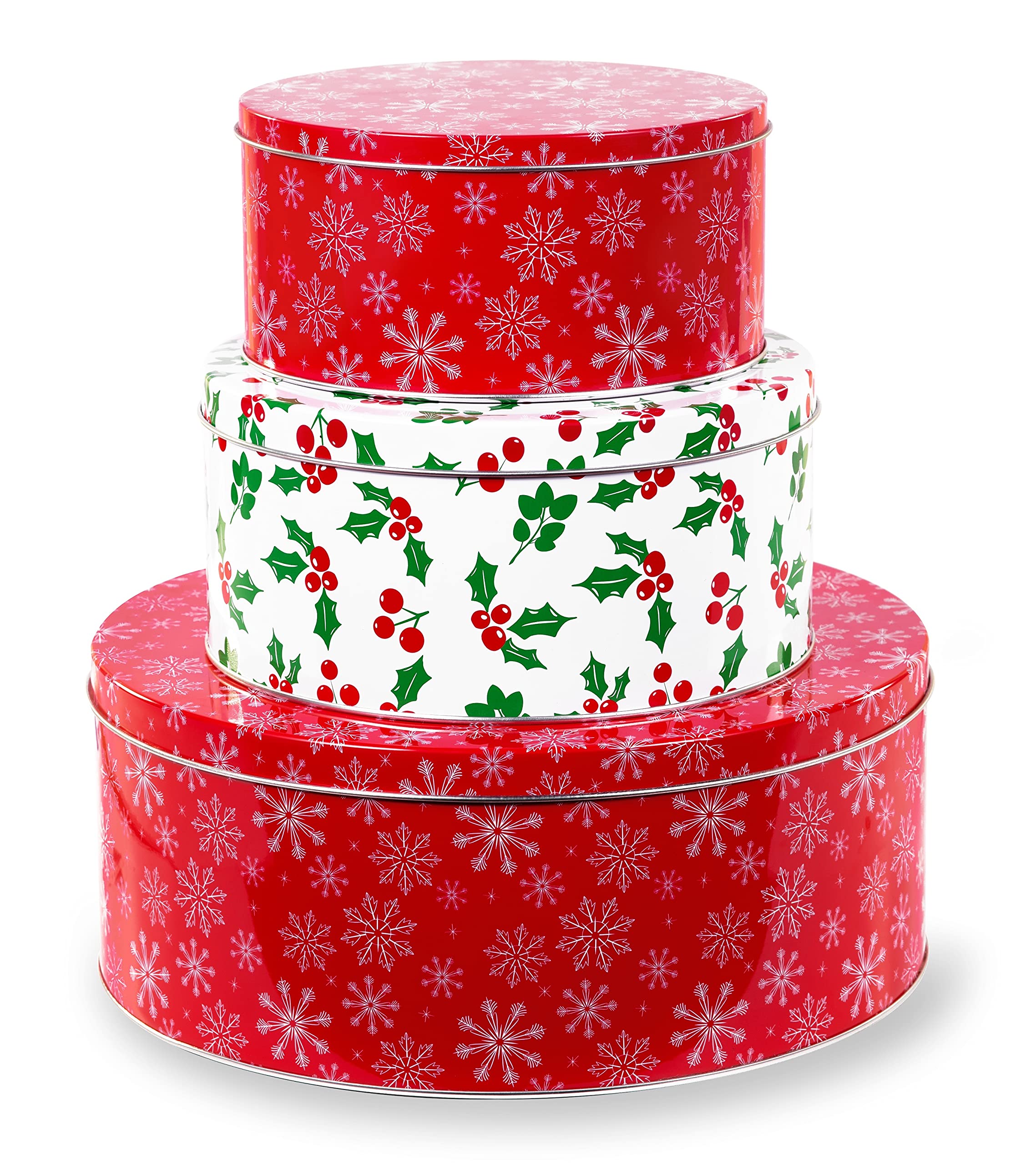 Photo 1 of Steel Mill & Co Tin Containers with Lids, 3 Pack Christmas Cookie Tins, Festive Cookie Tins for Gift Giving & Holiday Treats, Round Metal Nesting Containers, Large Medium Small, Snowflake & Holly