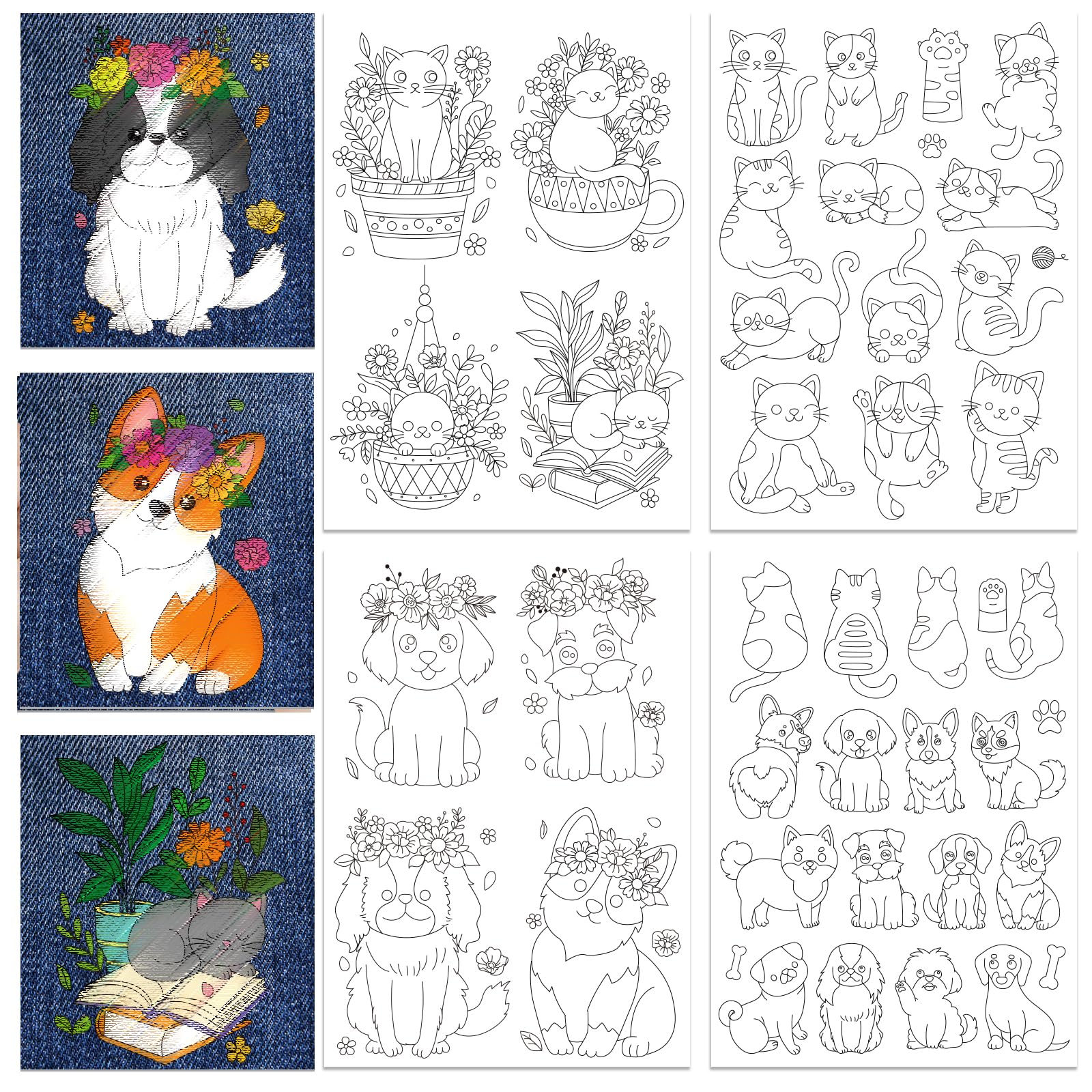 BENECREAT 4 Sheets 43Pcs Cats and Dog Water Soluble Stabilizer, A4 Flower with Animal Embroidery Pattern Transfers for Hand Sewing Embroidery Stick and Stitch