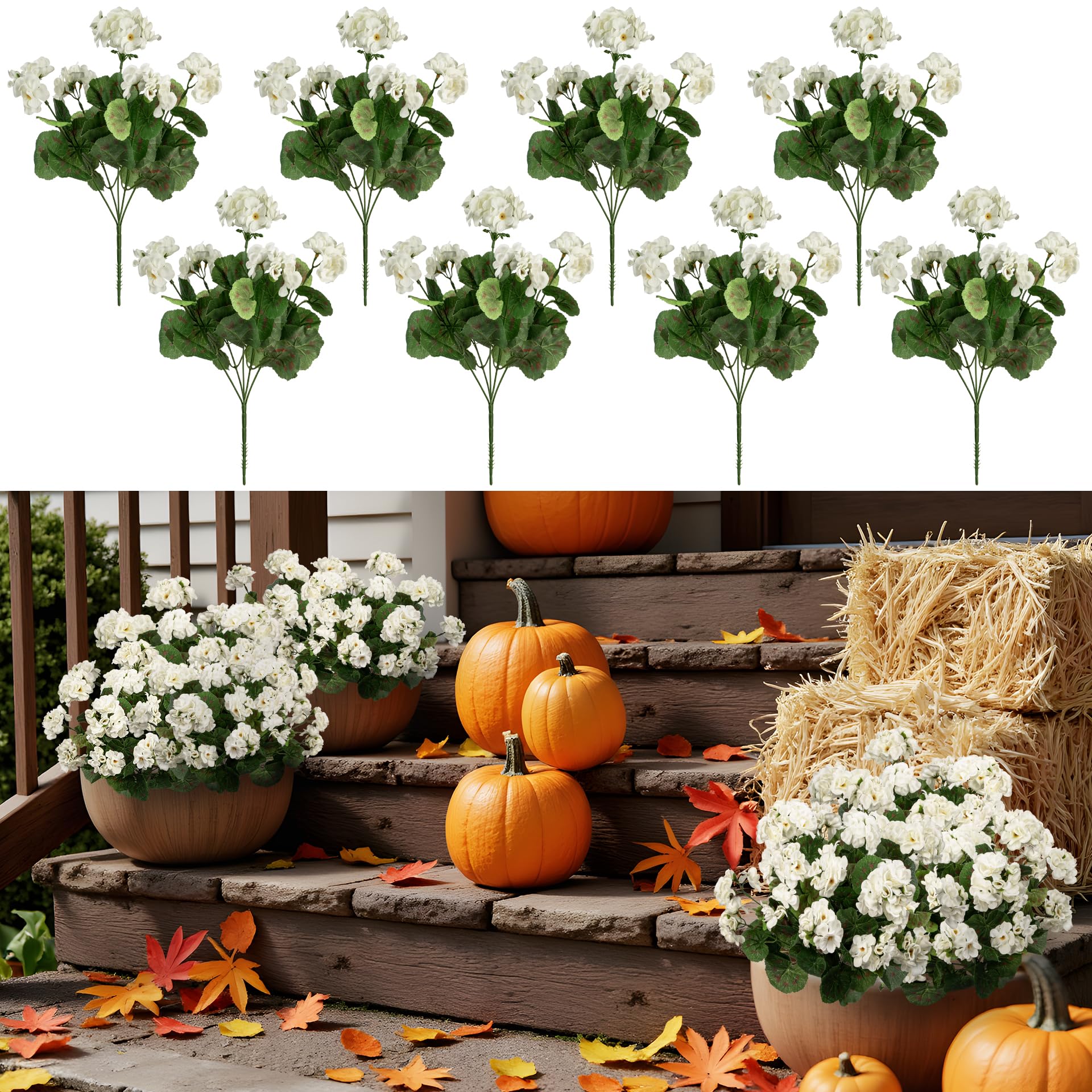 Photo 1 of Uqueeten Plastic Flowers for Outdoors Home Decor Fake Plants Artificial Flowers Artificial Geraniums Outdoor Fake Flowers Silk Bouquet, Fall Decor for Interior Porch Garden Decor 14.4" (White) 8PCS