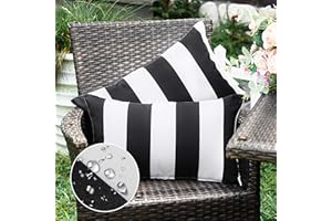 WESTERN HOME WH Pack of 2 Decorative Outdoor Solid Waterproof Striped Throw Pillow Covers Polyester Linen Garden Farmhouse Cushion Cases for Patio Tent Balcony Couch Sofa 12x20 inch Black