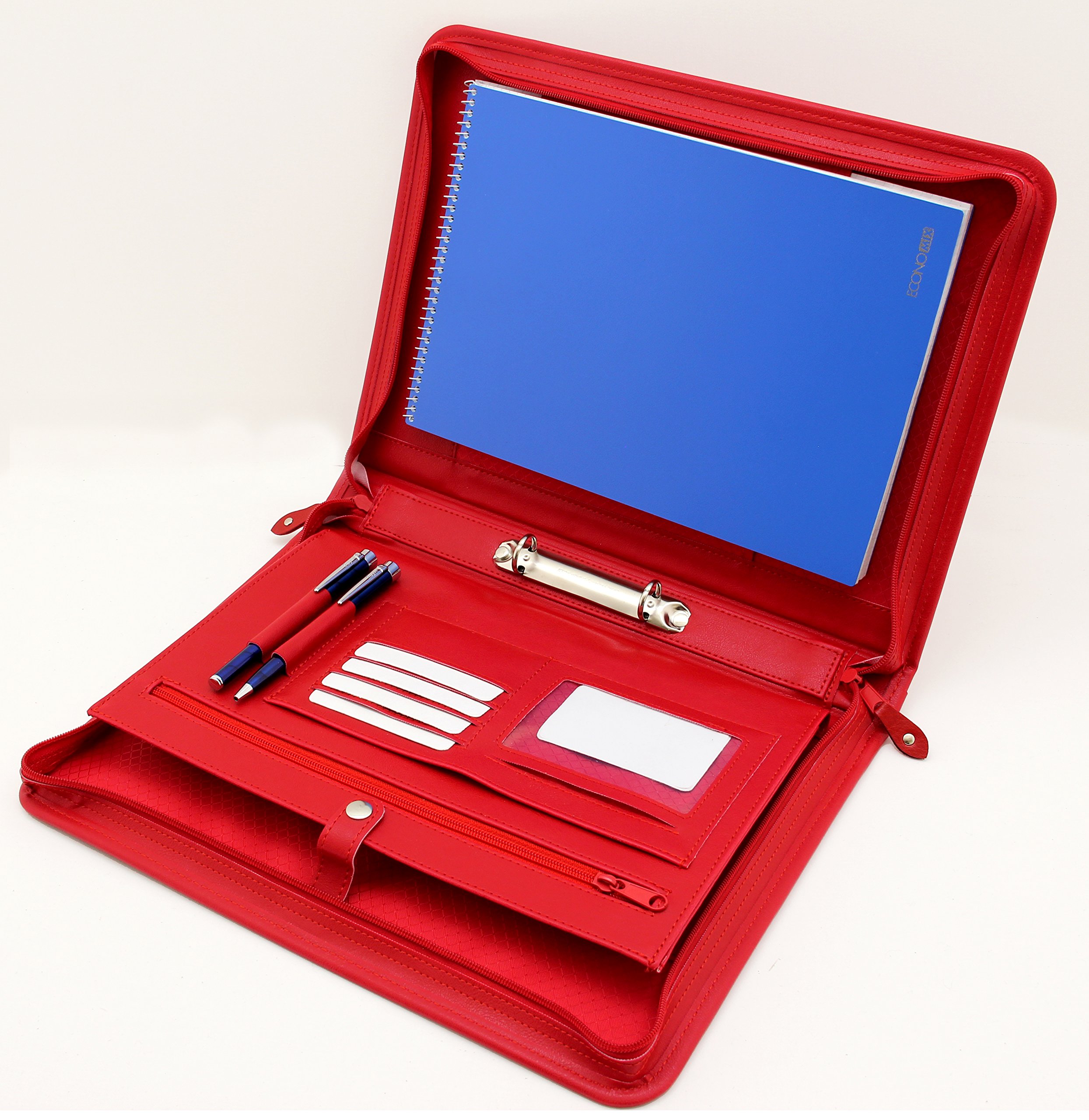 Pu Leather Business Presentation Meeting Conference A4 Folder Faux Leather Portfolio 2 Rings Binder with Handle (Red)