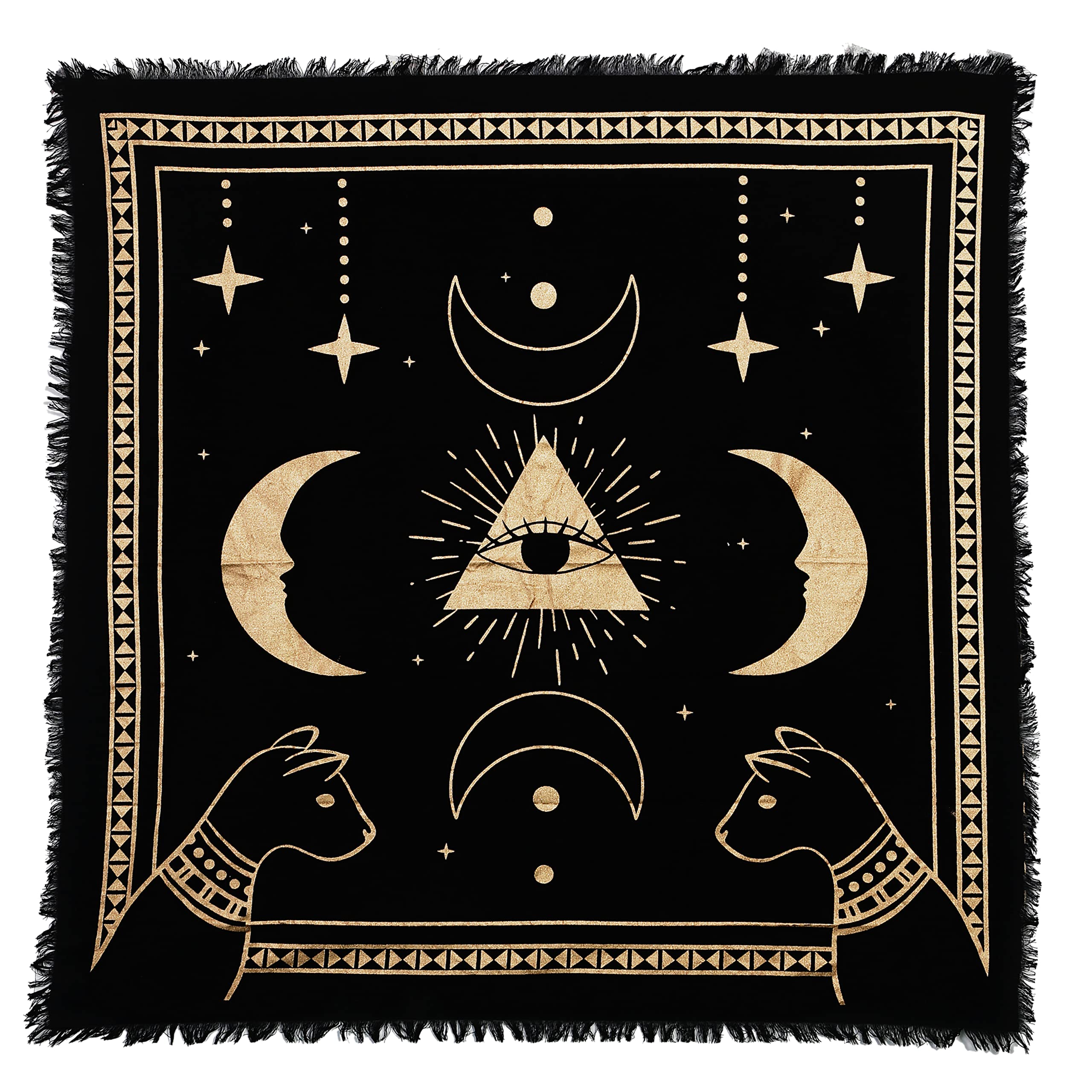Indian Consigners Altar Cloth – Gold Prism Eye, Moon Phases & Cat Design – 61x61cm Wiccan Tapestry for Tarot Reading, Witchcraft, Ritual Table, Wall or Altar Décor