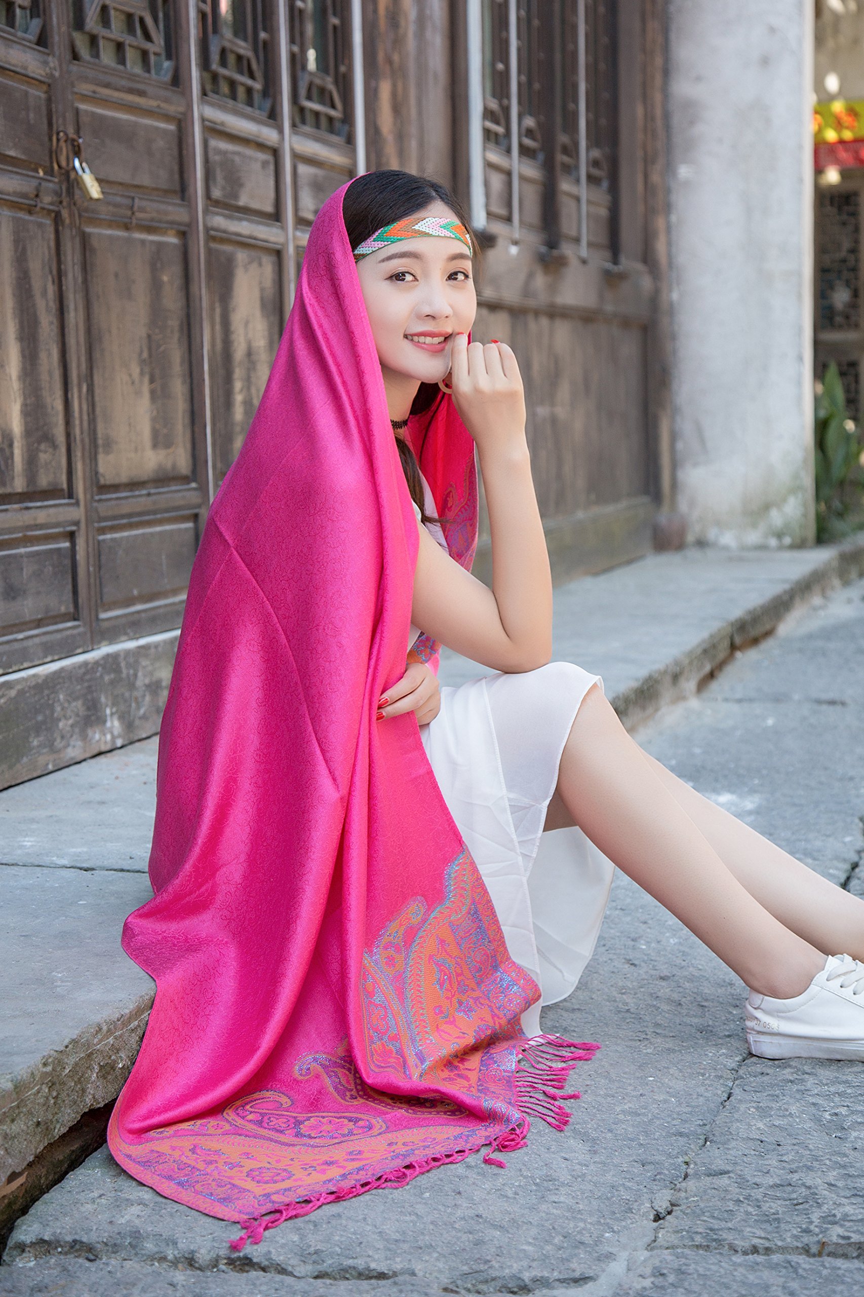 Women Paisley Pashmina Shawl – Soft Cotton Flax Tassel Scarf with Embroidery – Sun proof Beach Head Scarf and Wraps (rose red)