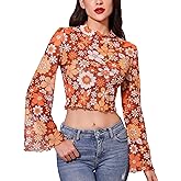ABAFIP Women's Floral Bell Sleeve Crop Top Ruffle Mock Neck Flowy Flare Sleeve 70s Hippie Sheer Mesh Shirts