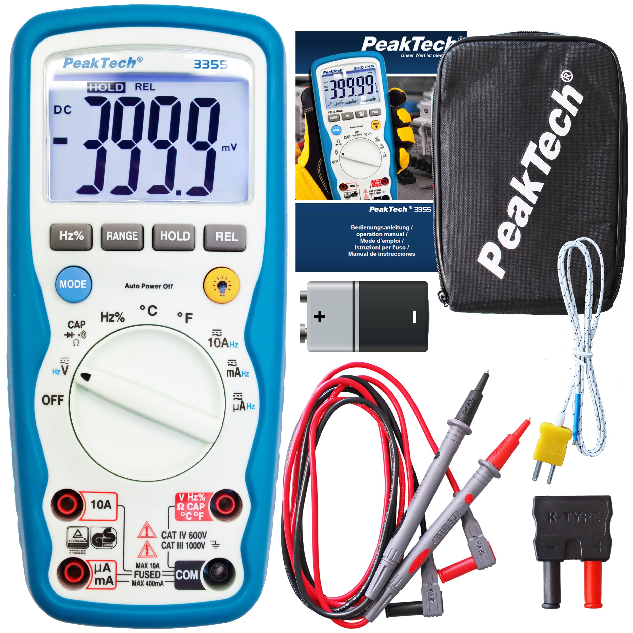 PeakTech 3355 - Digital Multimeter, Waterproof (IP67), LCD Display, 4000 Counts, Handheld Multimeter, Autorange, REL-Data Hold, Voltmeter, Continuity Ttester, Measuring Device - CAT III 1000 V