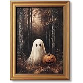 Vintage Gold Framed Halloween Wall Art, Ghosts Pumpkin Pictures Wall Decor | Halloween Canvas Prints, Spooky Moody Forest Paintings, Cute Artwork for Living Room Bedroom Home Decor 12x16 Inch