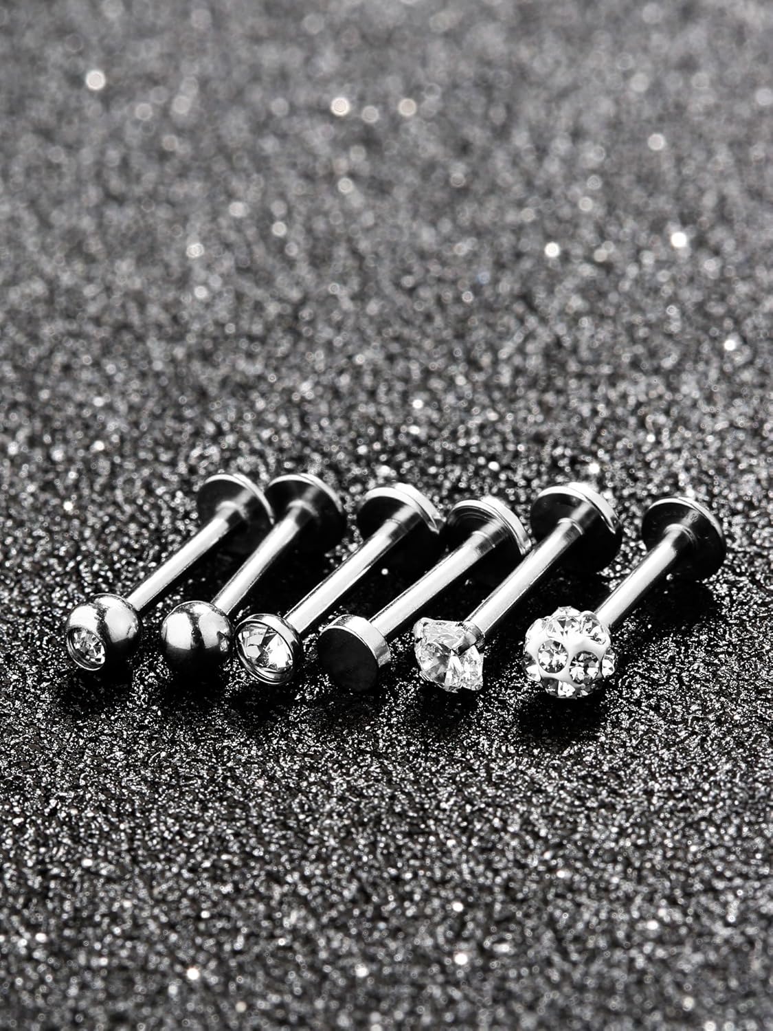 6 works Stainless Steel Nose Studs Tragus Bars Labret Bars Crystal Ball Body Piercing Jewelry, 6 Designs, 16 Gauge (Silver) - Image 4
