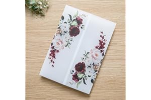 PONATIA 50 PCS Vellum Jackets for 5x7 Invitations- 135gsm Burgundy Floral Printed Vellum Sleeves, Quinceanera Wedding Invitation Cards Wraps