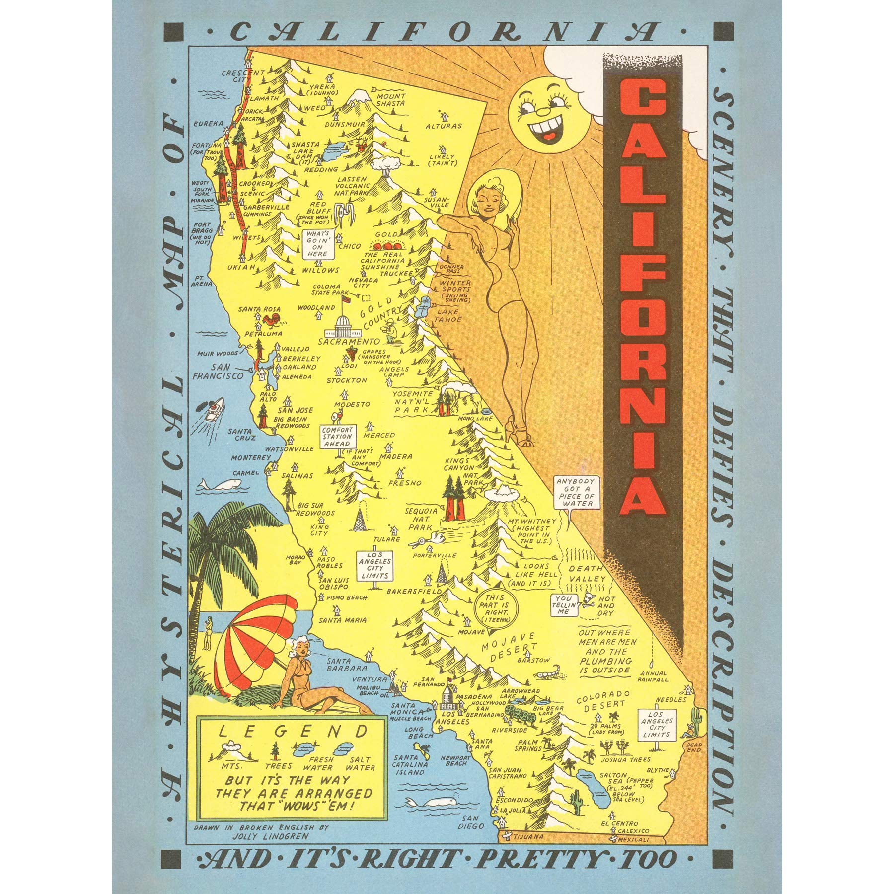 Artery8 Map Lindgren 1948 California Pictorial Large Wall Art Poster Print Thick Paper 18X24 Inch