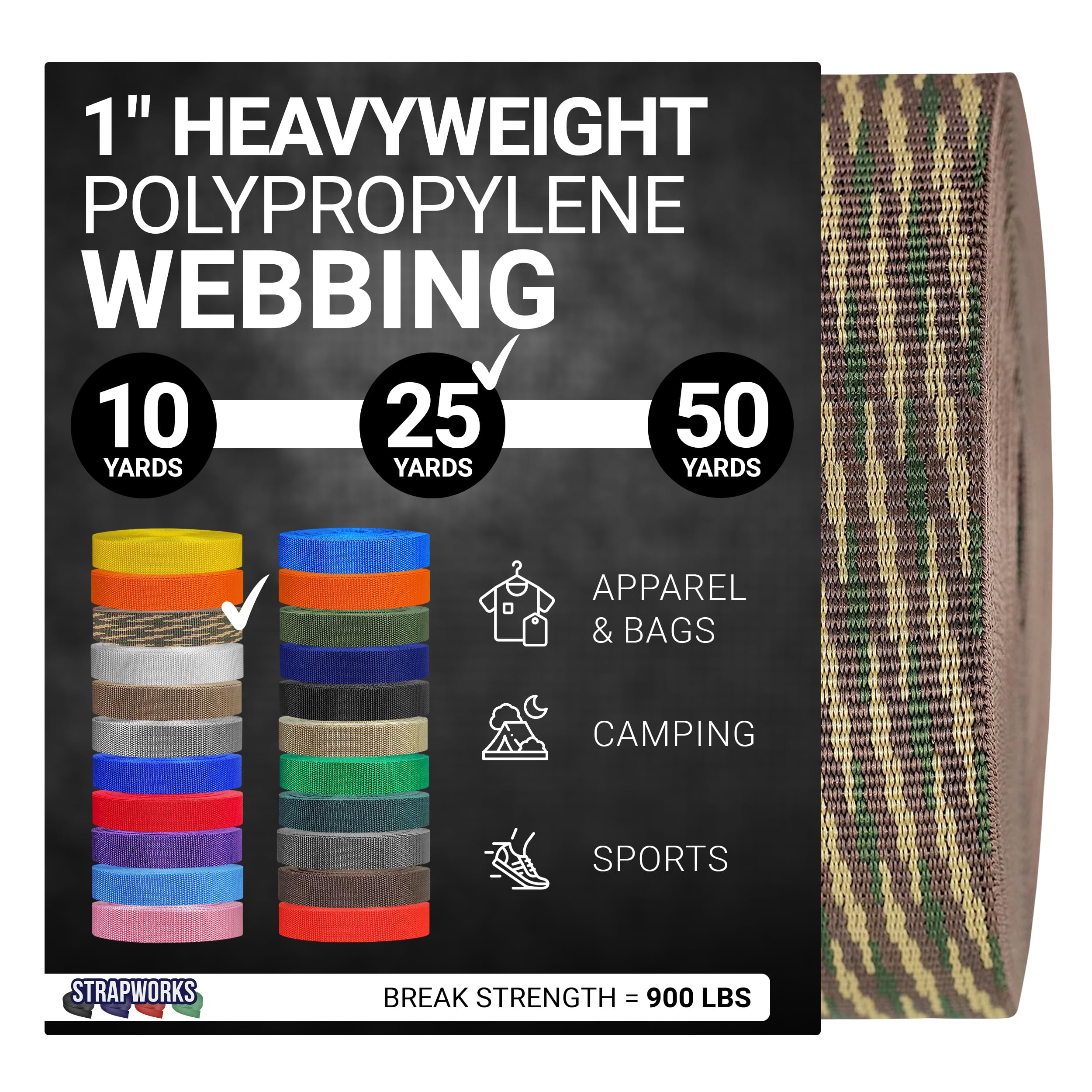 Strapworks Heavyweight Polypropylene Webbing - Heavy Duty Poly Strapping for Outdoor DIY Gear Repair, 1 Inch x 25 Yards - Woodland Camo