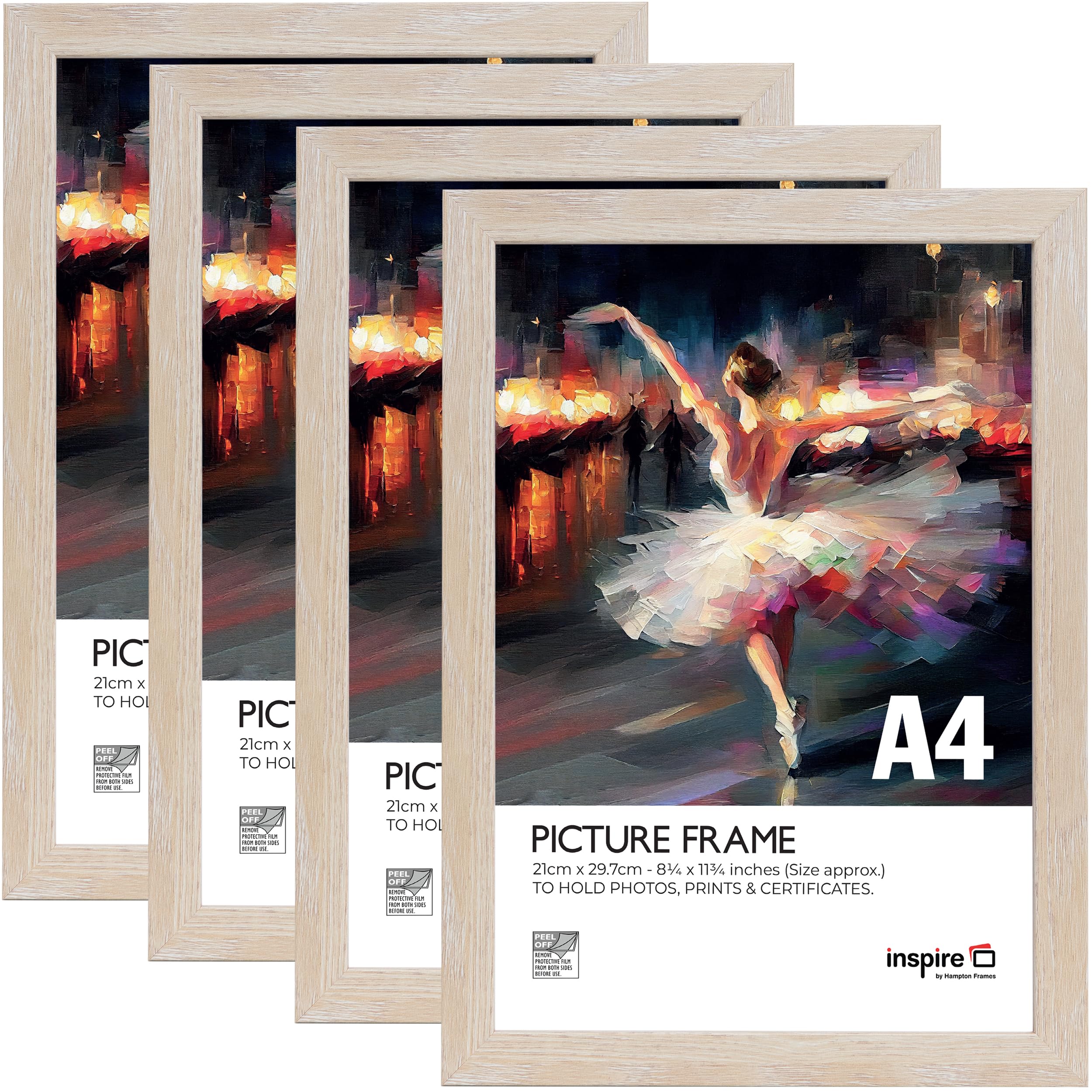 Inspire By Hampton OSLO A4 (21x30cm) Natural Wood Effect Picture Photo Frame Acrylic (Non-Glass) 4-Pack IBHOSLA4NG-PK4