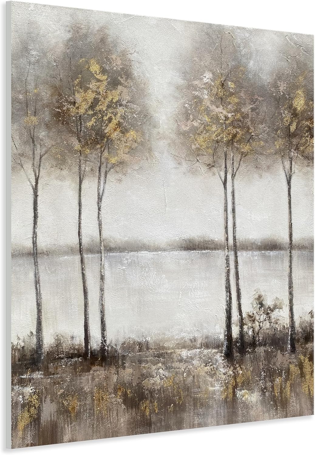 Paintings - Yihui Arts Hand Painted Tree Painting on Rustic Canvas with Gold Foil Accents - Vertical Landscape Artwork for Farmhouse, Living Room, Bedroom, and Hallway Decor